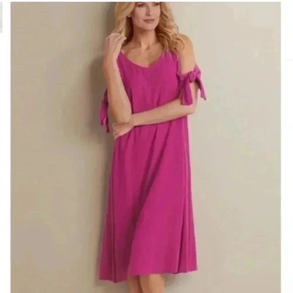 Soft Surroundings Cold Shoulder Destin Dress Fuchsia Pink Size‎ L